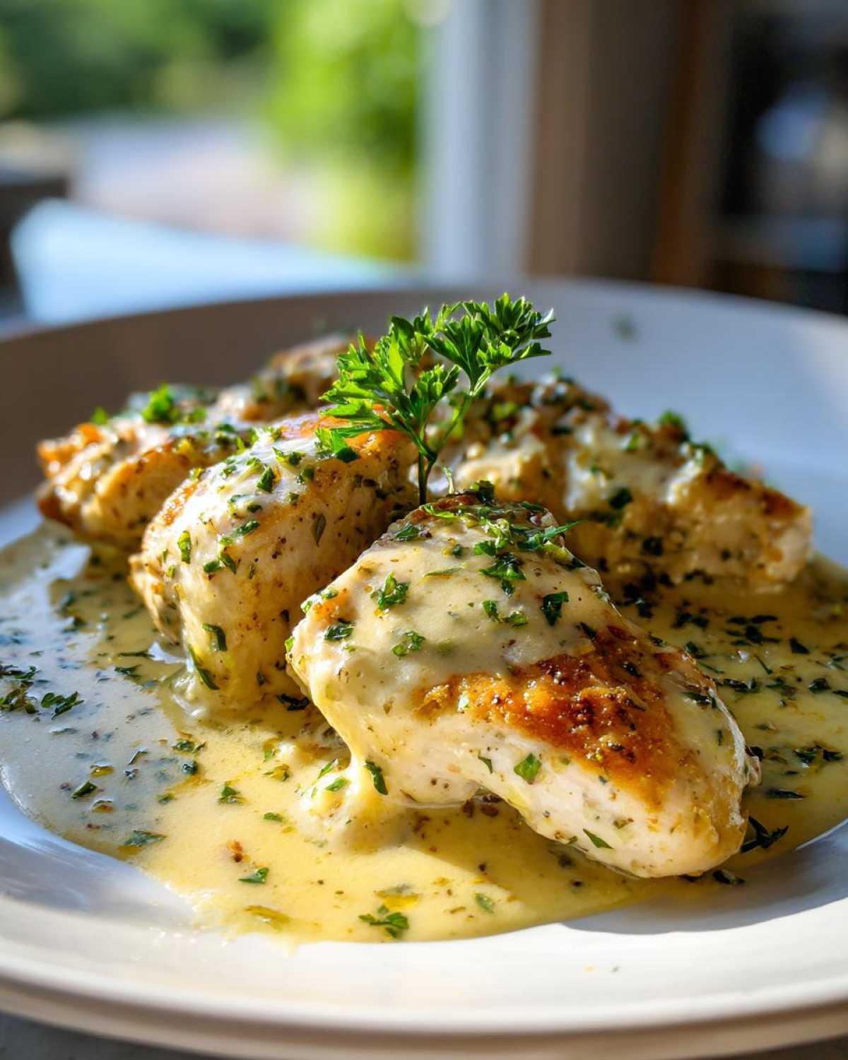 Close-up of pan-seared chicken breasts smothered in a creamy lemon sauce and garnished with fresh parsley.
