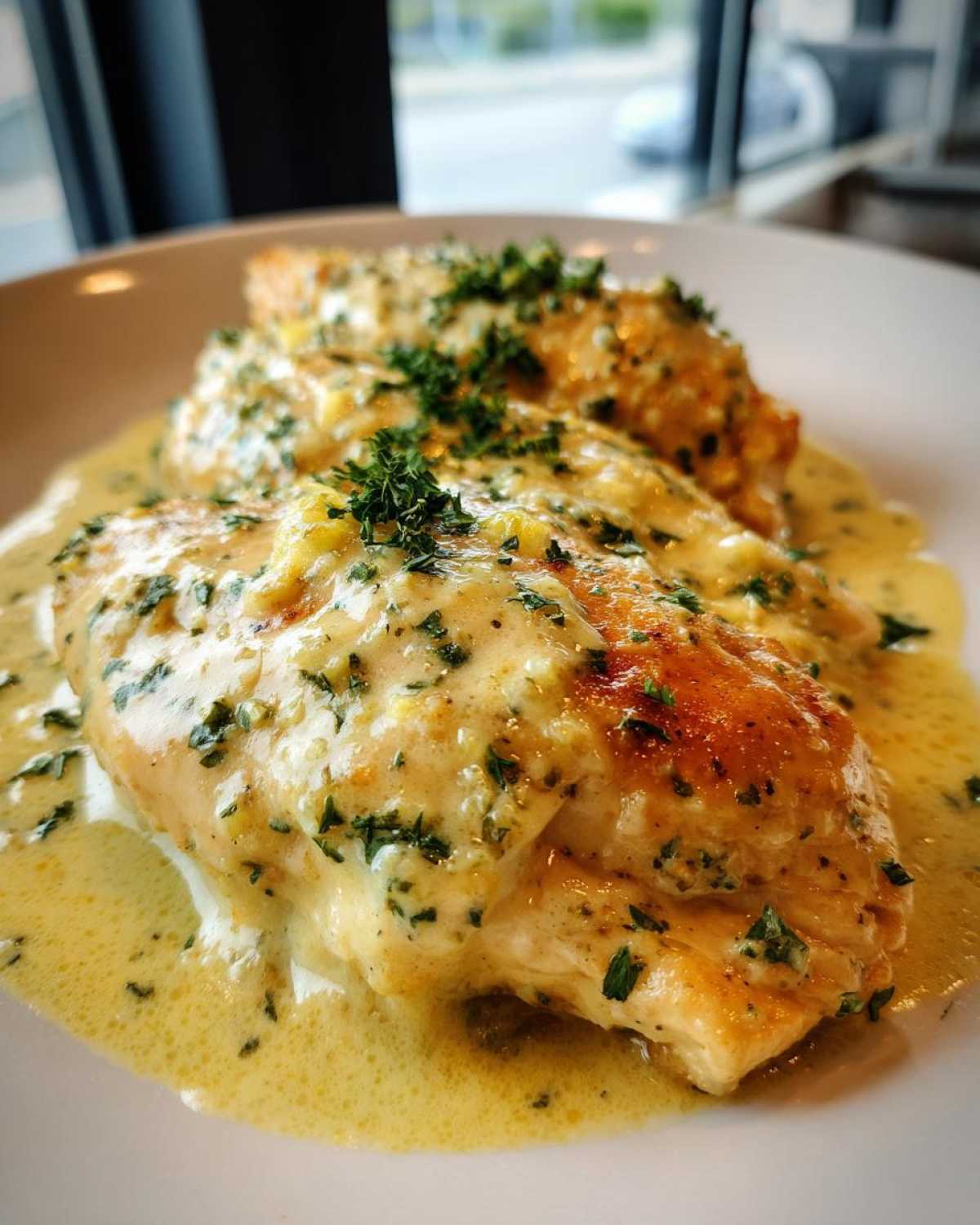 Three pieces of seared chicken breasts smothered in a rich, creamy lemon sauce and topped with fresh parsley.