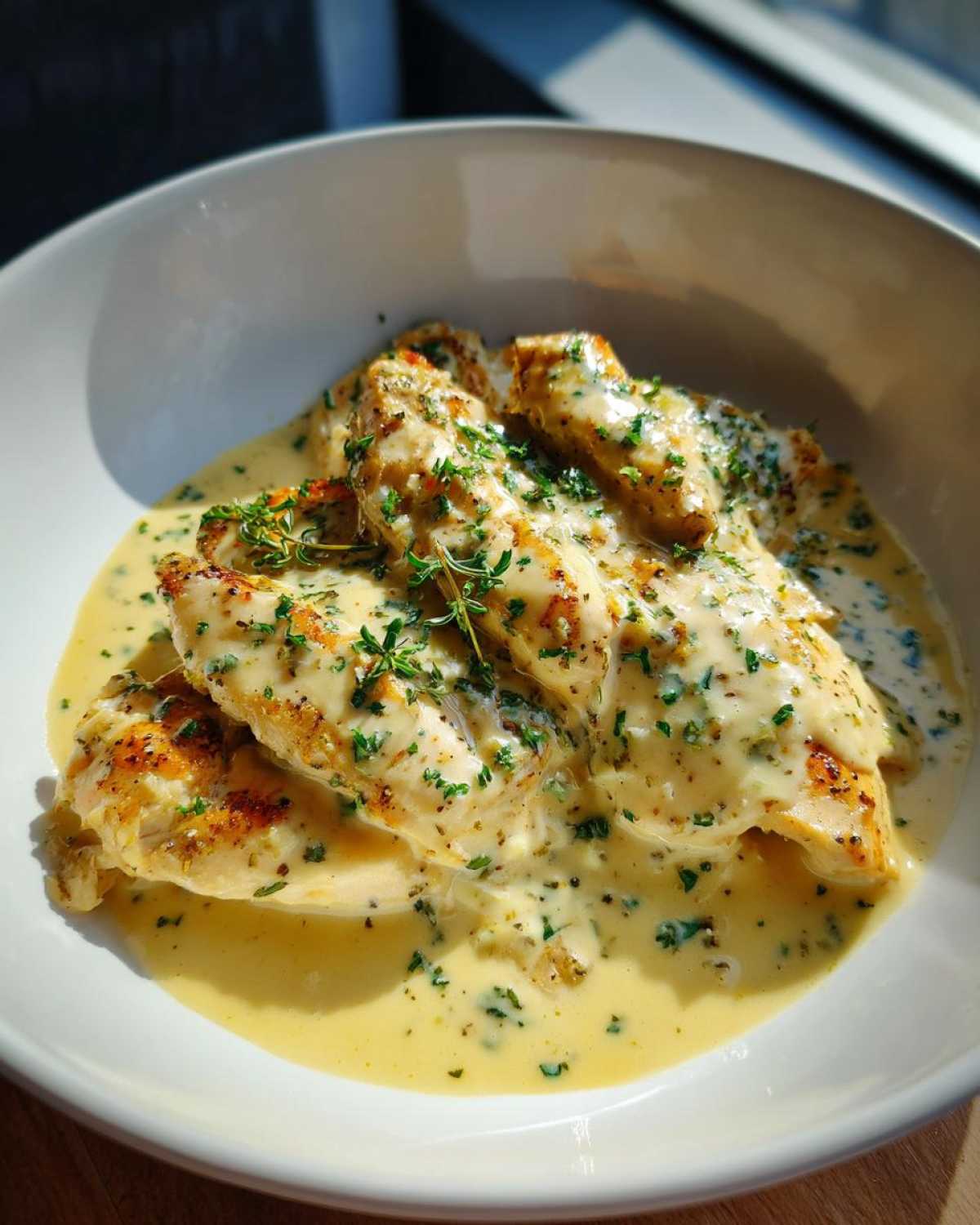 Close-up of pan-seared chicken breasts smothered in a rich, creamy lemon sauce and garnished with fresh thyme.