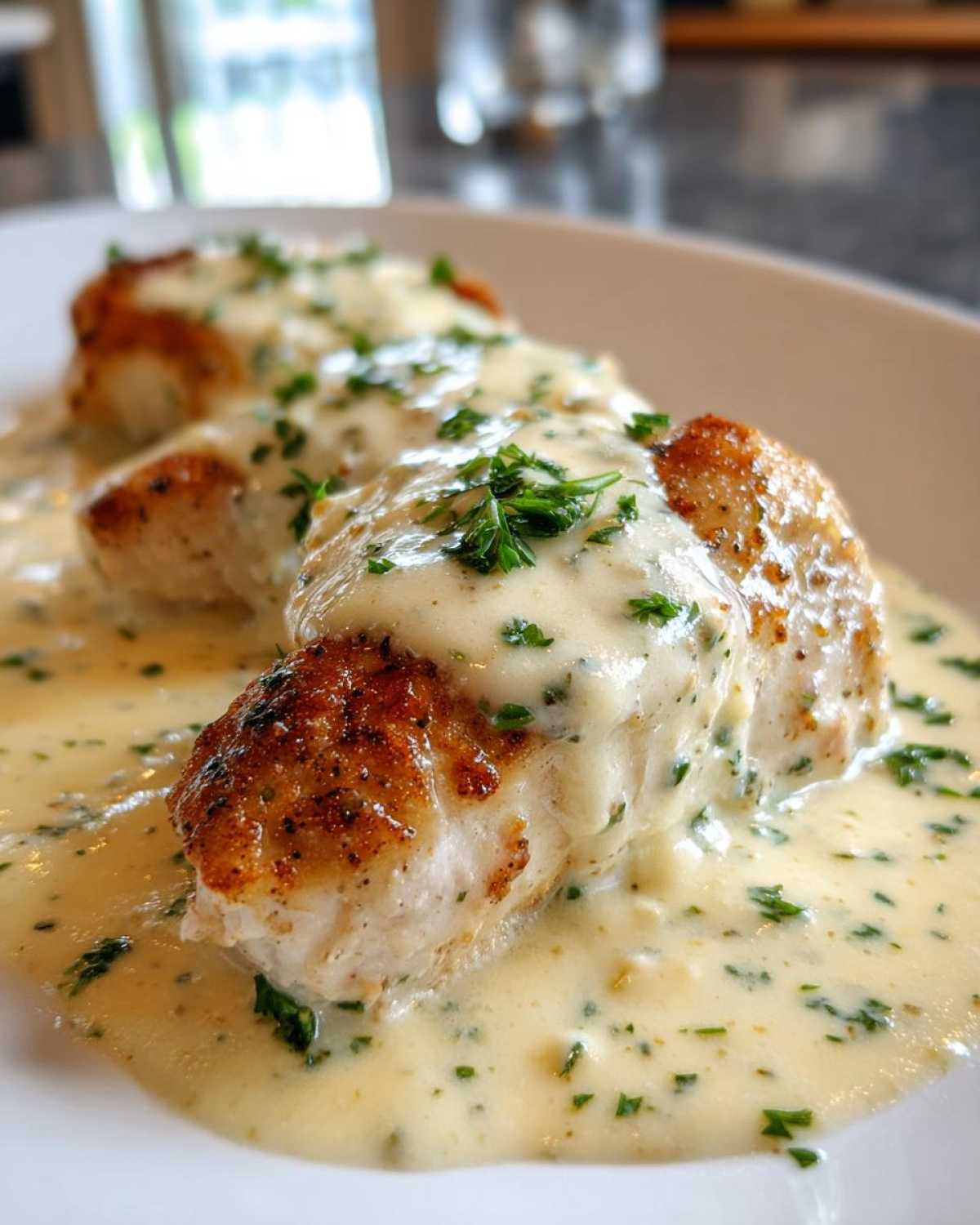 Close-up of seared chicken breasts smothered in a rich, creamy lemon chicken sauce and topped with fresh parsley.
