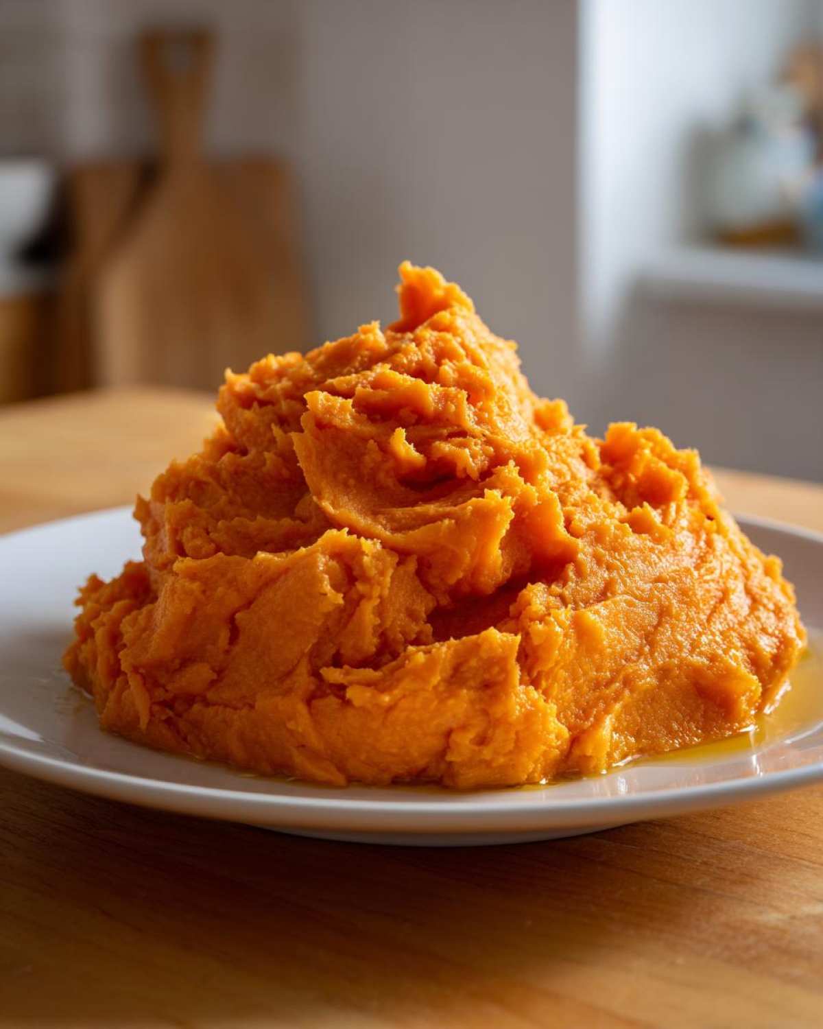 A generous serving of vibrant orange mashed sweet potatoes piled high on a white plate.