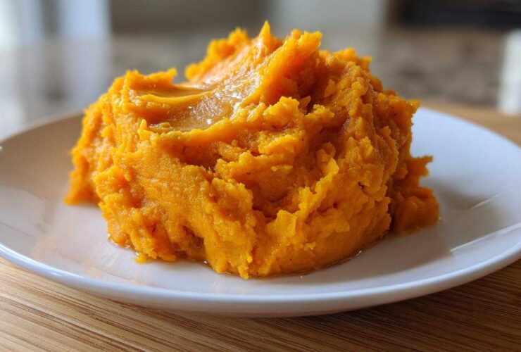 A close-up of a fluffy mound of bright orange mashed sweet potatoes topped with melted butter.
