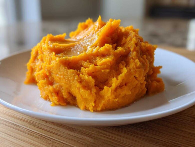 A close-up of a fluffy mound of bright orange mashed sweet potatoes topped with melted butter.