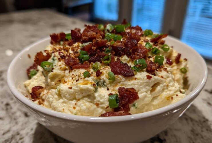 A close-up of creamy Million Dollar Dip served in a white bowl, generously topped with crumbled bacon and sliced green onions.