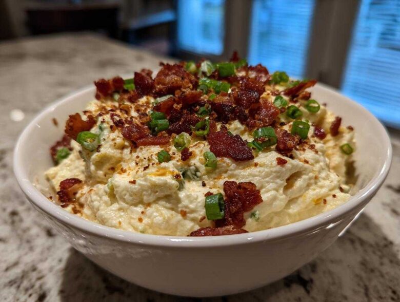 A close-up of creamy Million Dollar Dip served in a white bowl, generously topped with crumbled bacon and sliced green onions.