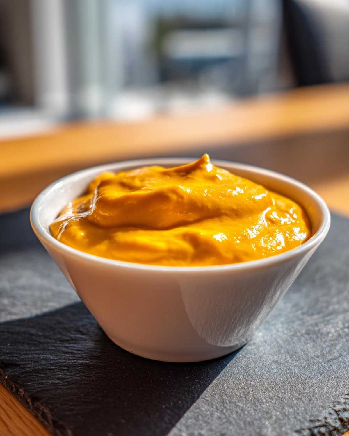 Close-up of thick, vibrant orange nacho cheese sauce served in a small white bowl on a dark slate.