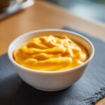 A close-up of rich, smooth, bright orange nacho cheese sauce served in a small white bowl.
