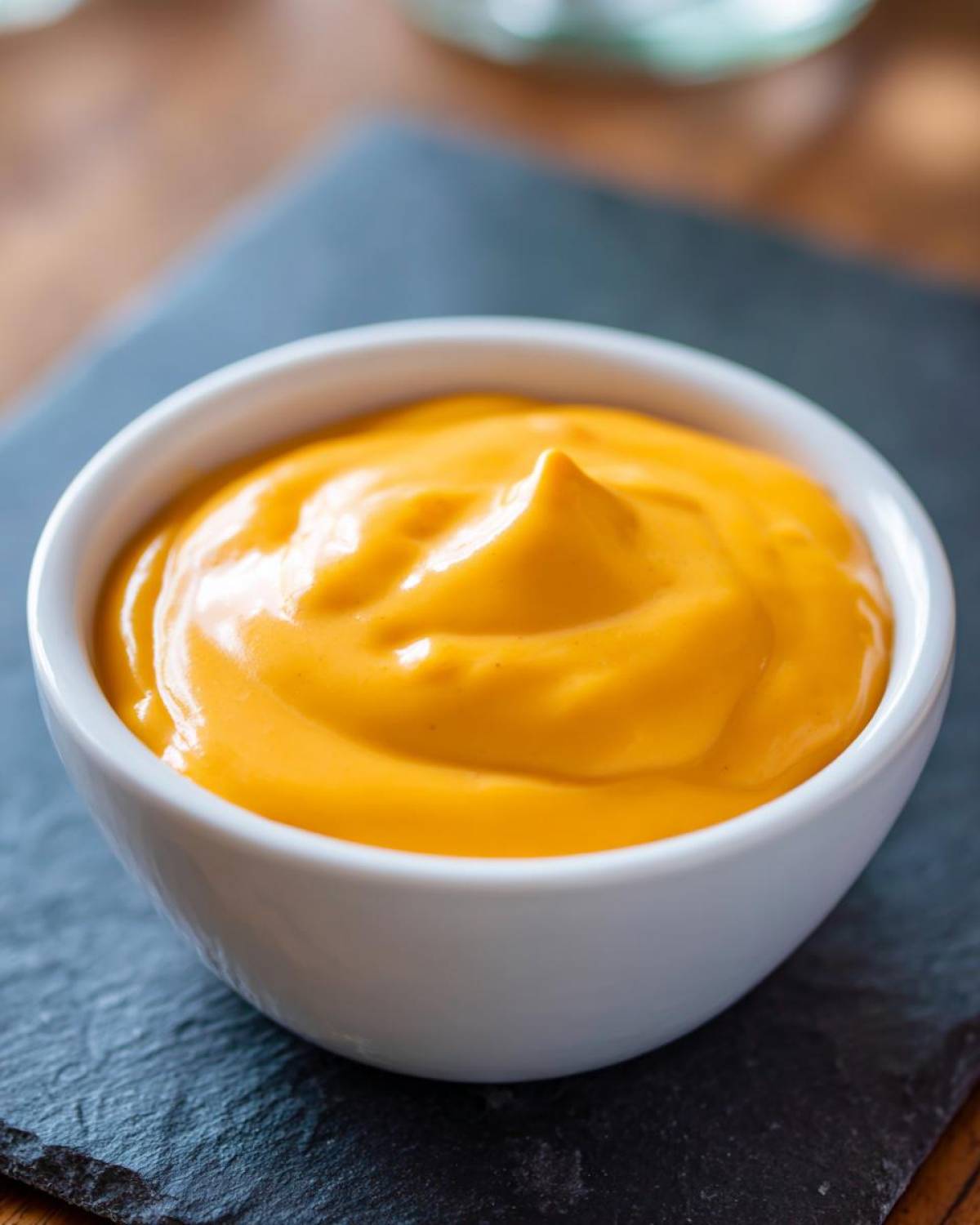 Close-up of a small white bowl filled with rich, smooth nacho cheese sauce, perfect for dipping.