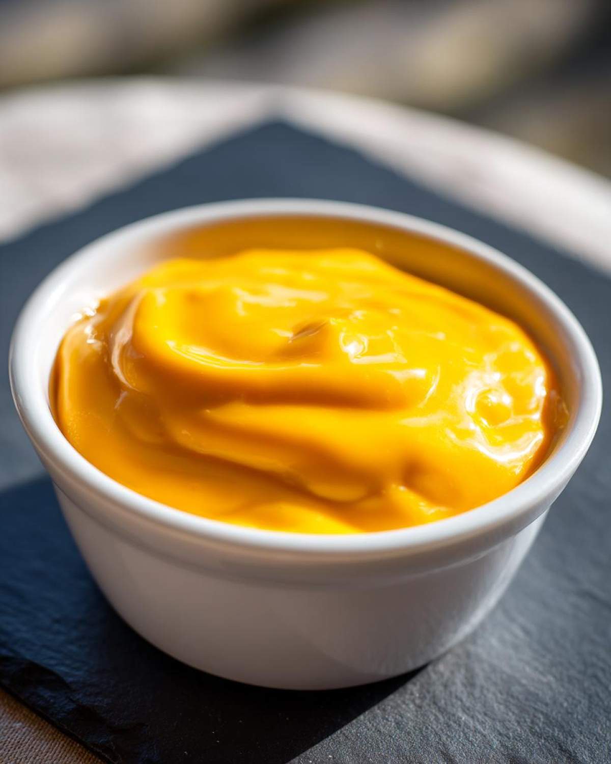 Close-up of smooth, bright orange nacho cheese sauce served in a small white bowl.