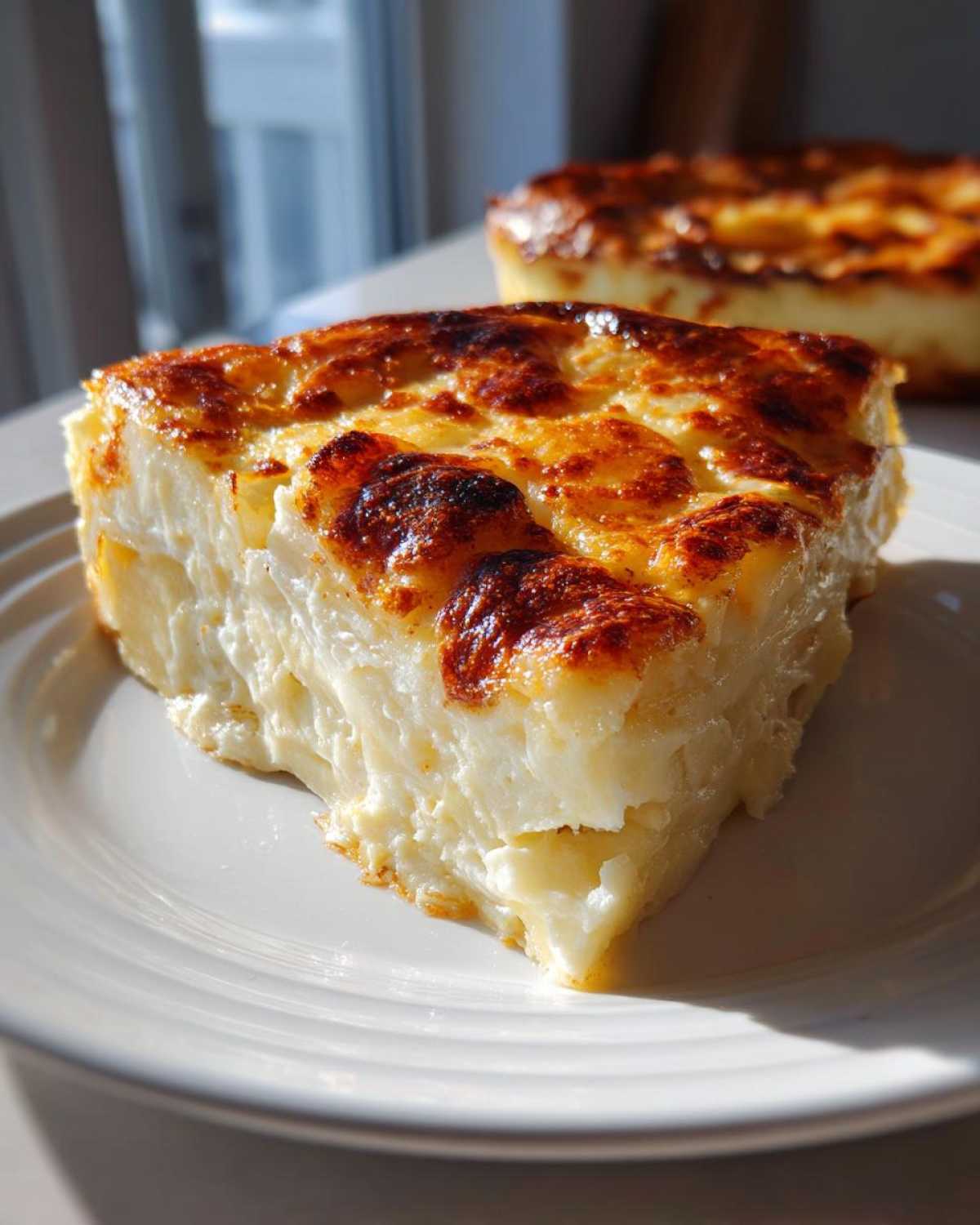 A thick, square slice of creamy potatoes au gratin with a deeply browned, cheesy crust, served on a white plate.