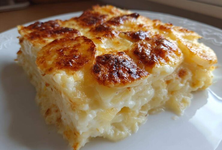 A close-up of a rich, creamy slice of potatoes au gratin with a golden-brown, bubbly cheese crust.