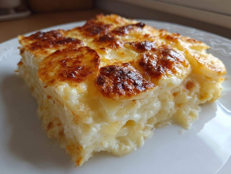 A close-up of a rich, creamy slice of potatoes au gratin with a golden-brown, bubbly cheese crust.