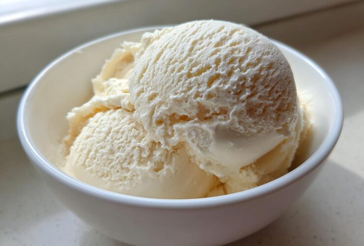 A close-up of several scoops of creamy, vanilla-colored protein ice cream served in a small white bowl.