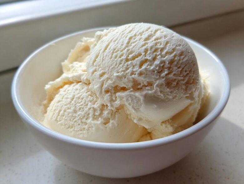 A close-up of several scoops of creamy, vanilla-colored protein ice cream served in a small white bowl.