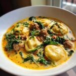 A close-up of creamy ravioli soup featuring plump ravioli, crumbled sausage, and wilted spinach in a rich broth.