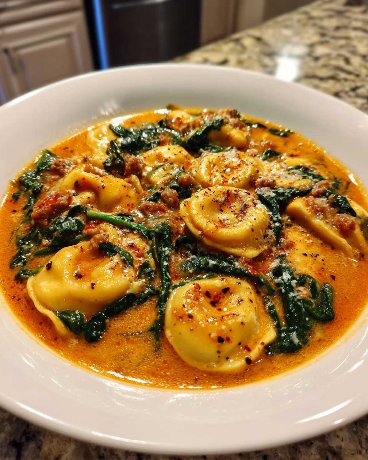A close-up of a bowl of creamy ravioli soup featuring cheese tortellini, wilted spinach, and sausage bits.