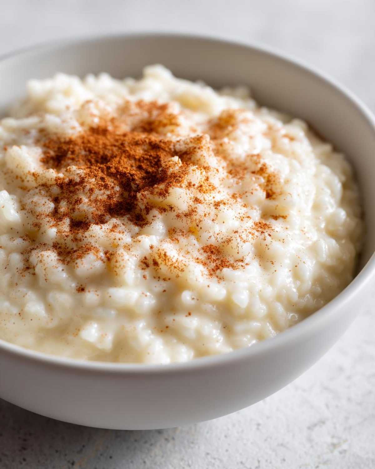 Close-up of creamy rice pudding in a white bowl, generously sprinkled with ground cinnamon.