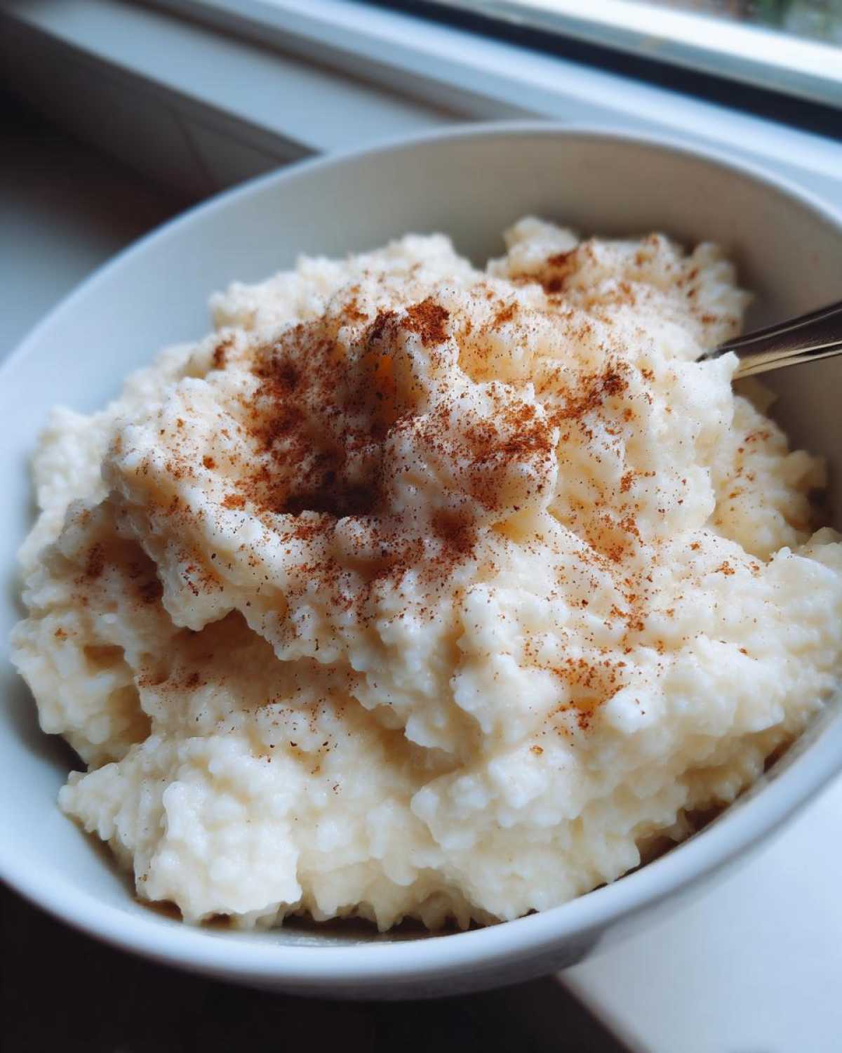Close-up of creamy rice pudding in a white bowl, generously sprinkled with cinnamon.