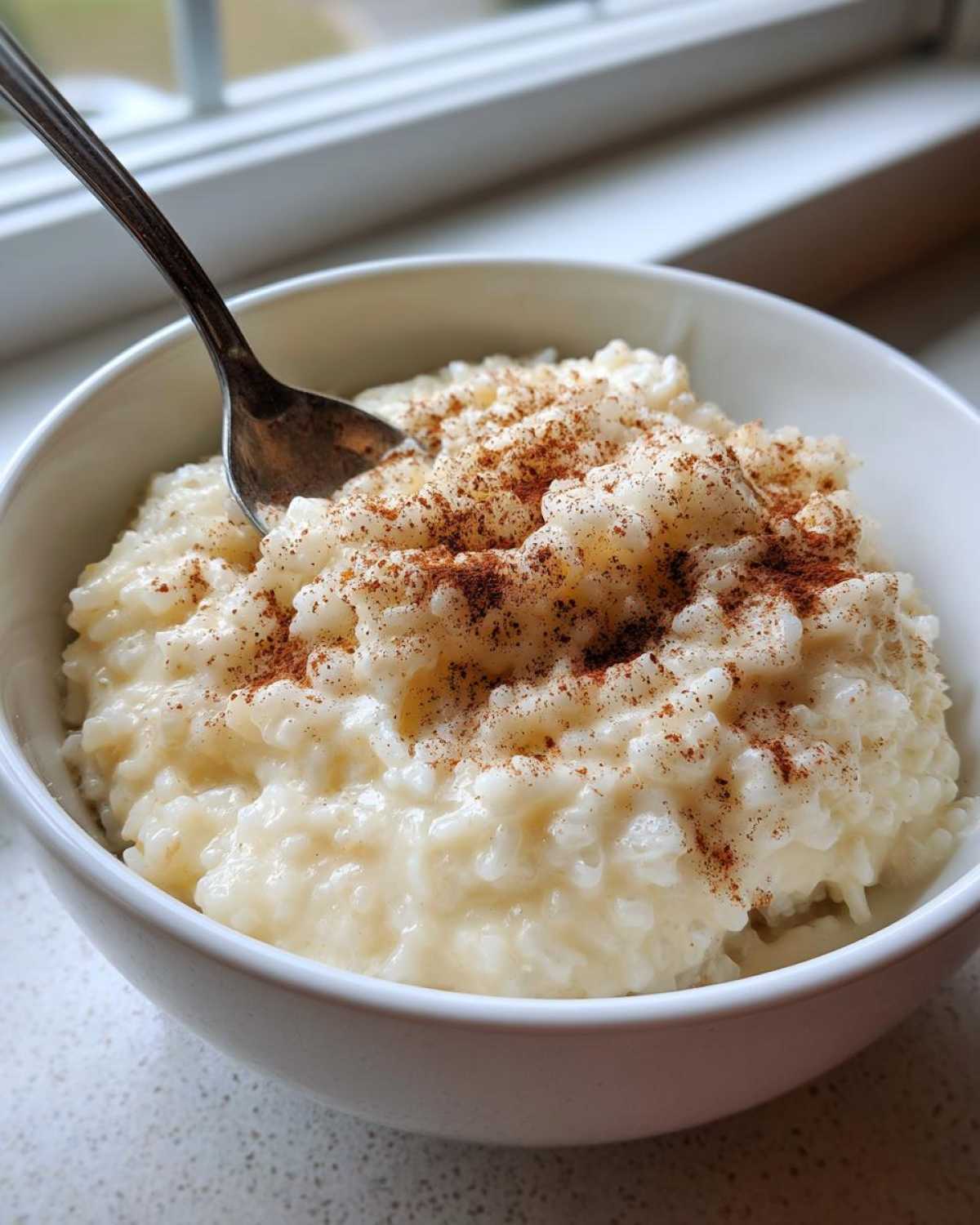 A close-up of creamy rice pudding topped with cinnamon in a white bowl with a spoon.