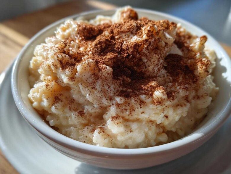 Close-up of a bowl of creamy rice pudding generously sprinkled with ground cinnamon.