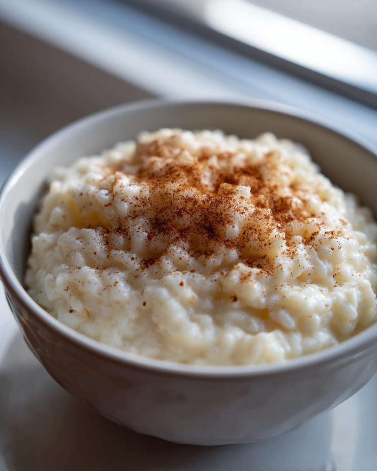 Close-up of creamy rice pudding in a white bowl, generously dusted with cinnamon.