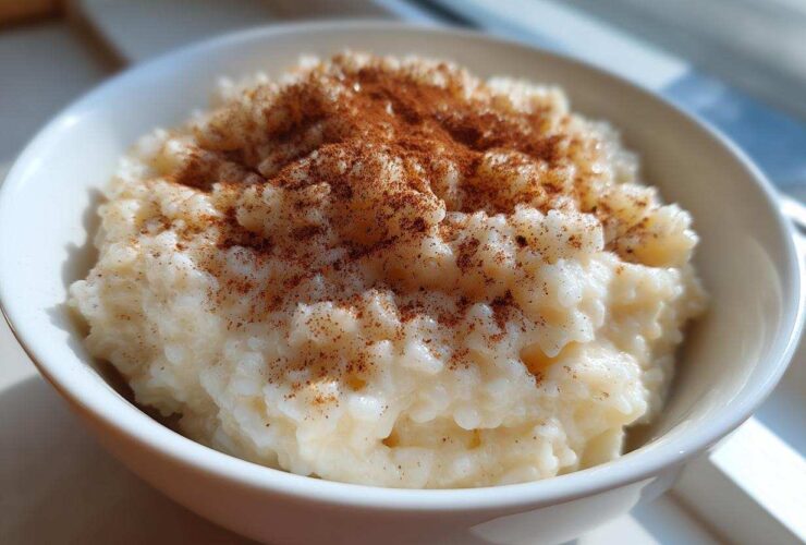 Close-up of a white bowl filled with creamy rice pudding, generously dusted with cinnamon.