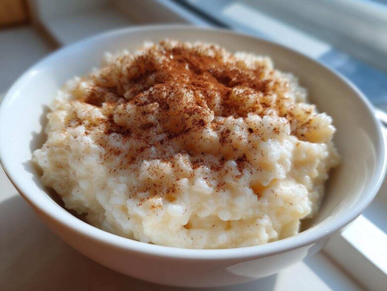 Close-up of a white bowl filled with creamy rice pudding, generously dusted with cinnamon.