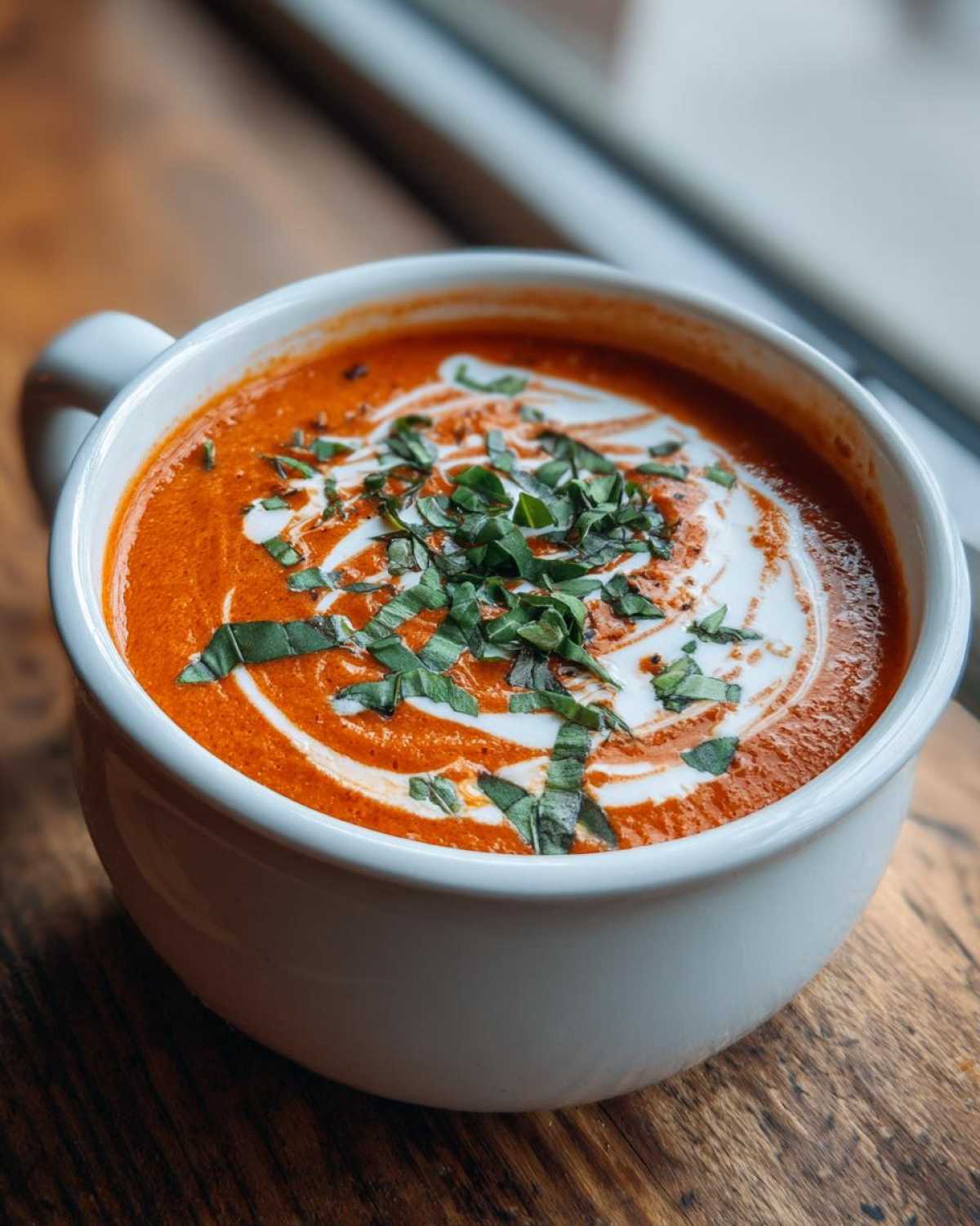 Close-up of a rich, creamy tomato bisque in a white mug, topped with a swirl of cream and fresh chopped basil.
