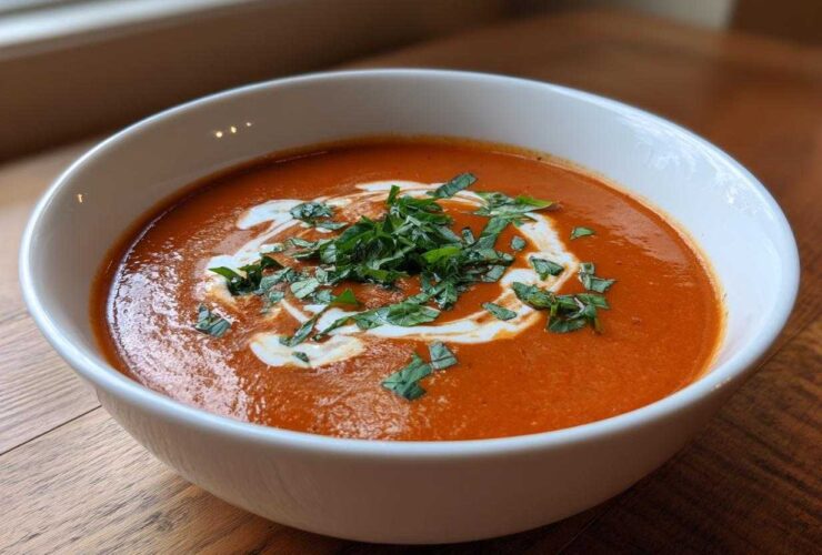 A close-up of a bowl of creamy tomato bisque, swirled with cream and topped with fresh basil.