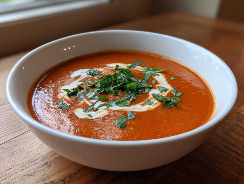 A close-up of a bowl of creamy tomato bisque, swirled with cream and topped with fresh basil.