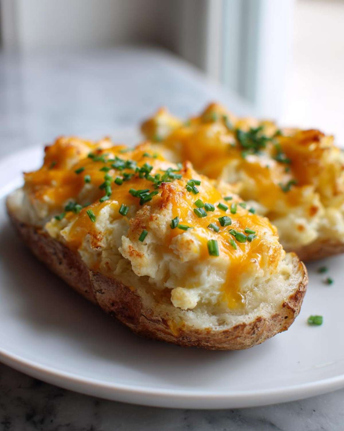 Close-up of two twice baked potatoes stuffed with creamy filling, topped with melted cheddar cheese and fresh chives.