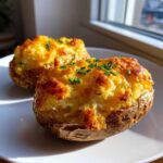 Two perfectly golden twice baked potatoes filled with creamy mashed potato and melted cheese, topped with fresh chives.