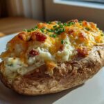 A close-up of a perfectly baked Twice Baked Potatoes, stuffed with creamy filling, melted cheddar cheese, and topped with fresh chives.