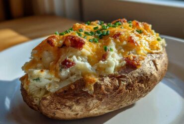 A close-up of a perfectly baked Twice Baked Potatoes, stuffed with creamy filling, melted cheddar cheese, and topped with fresh chives.