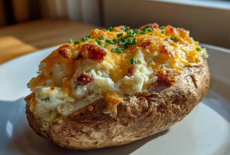 A close-up of a perfectly baked Twice Baked Potatoes, stuffed with creamy filling, melted cheddar cheese, and topped with fresh chives.
