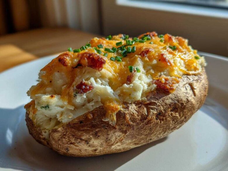 A close-up of a perfectly baked Twice Baked Potatoes, stuffed with creamy filling, melted cheddar cheese, and topped with fresh chives.