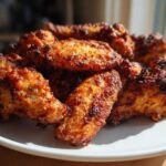 A close-up of several golden brown, crispy air fryer chicken wings piled high on a white plate.