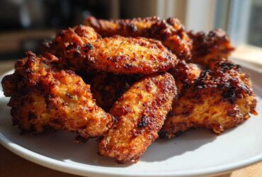 A close-up of several golden brown, crispy air fryer chicken wings piled high on a white plate.