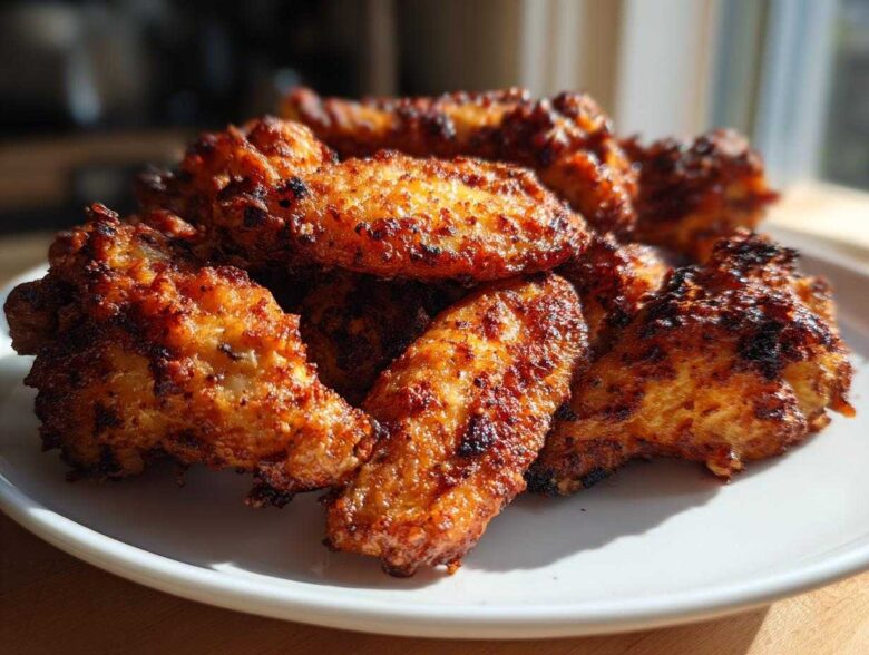 A close-up of several golden brown, crispy air fryer chicken wings piled high on a white plate.