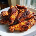 Close-up of several beautifully browned and crispy air fryer chicken wings piled on a white plate.