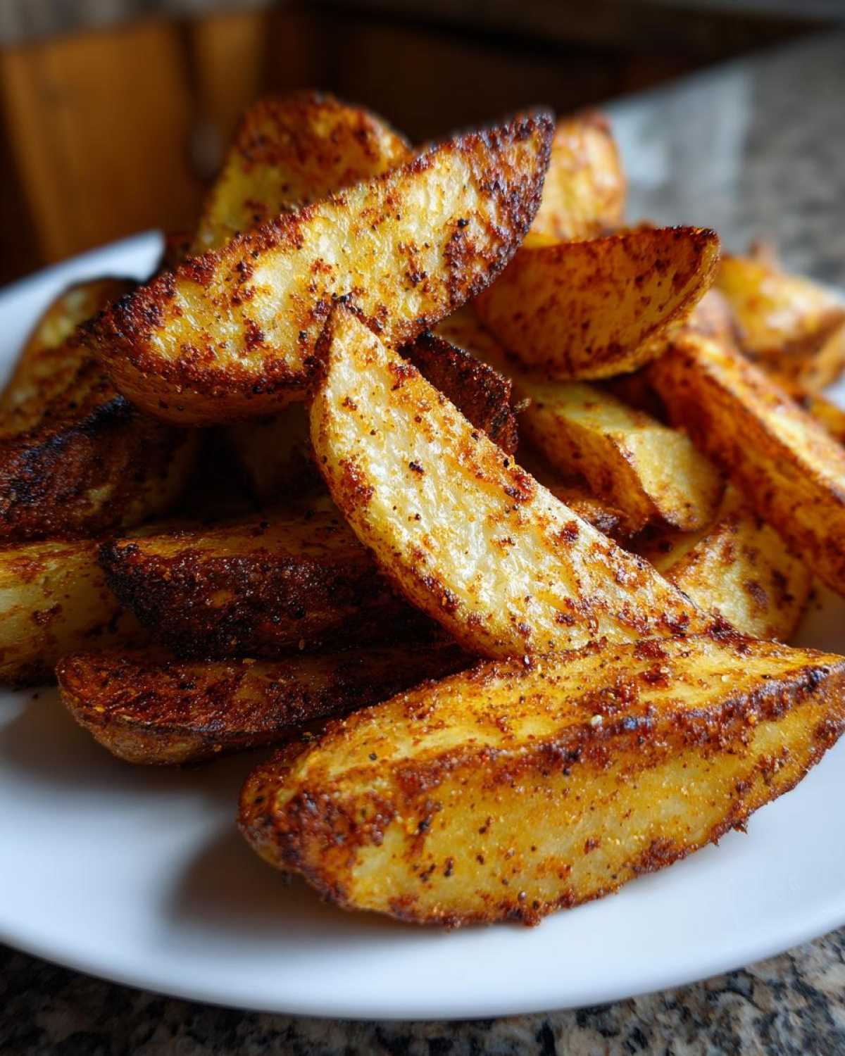 Close-up of perfectly seasoned and crispy air fryer potato wedges piled on a white plate.