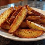 A close-up of perfectly golden and crispy air fryer potato wedges seasoned with herbs in a white bowl.