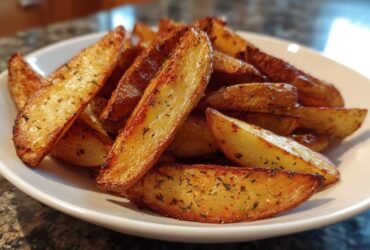 A close-up of perfectly golden and crispy air fryer potato wedges seasoned with herbs in a white bowl.