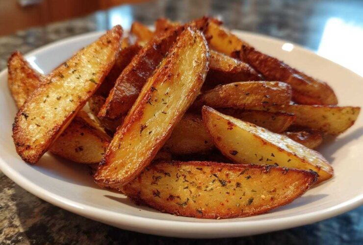 A close-up of perfectly golden and crispy air fryer potato wedges seasoned with herbs in a white bowl.