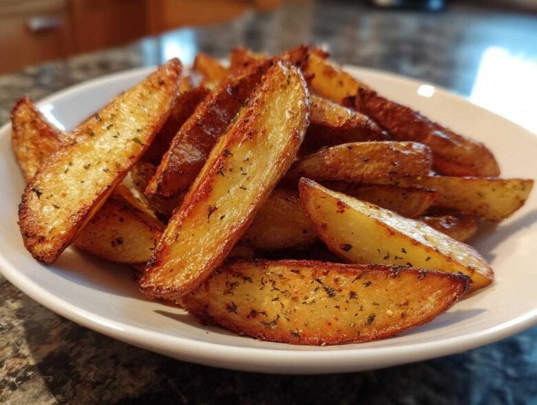 A close-up of perfectly golden and crispy air fryer potato wedges seasoned with herbs in a white bowl.