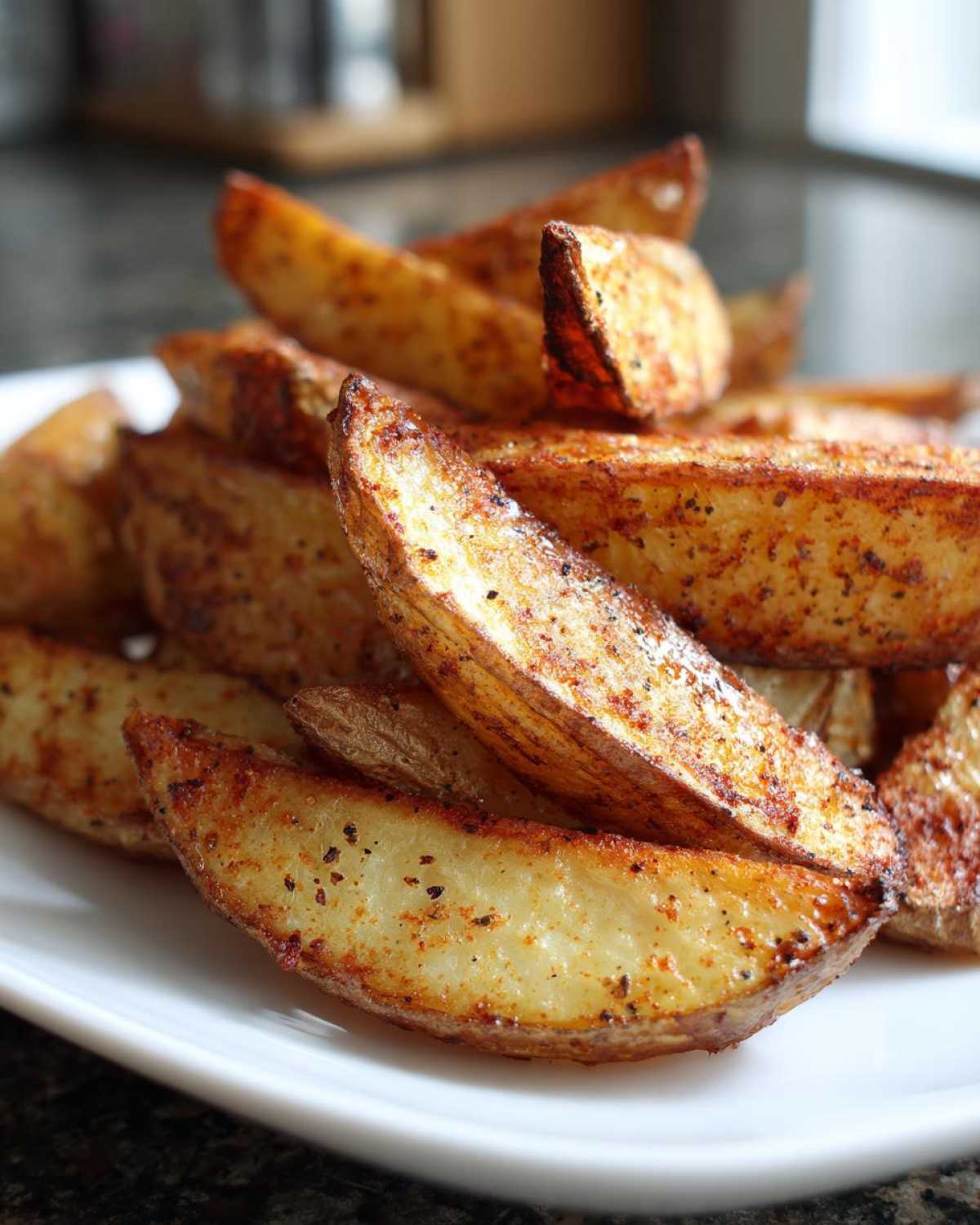 A close-up of perfectly seasoned and crispy air fryer potato wedges piled high on a white plate.
