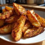 A close-up of golden brown, seasoned air fryer potato wedges piled high on a white plate.