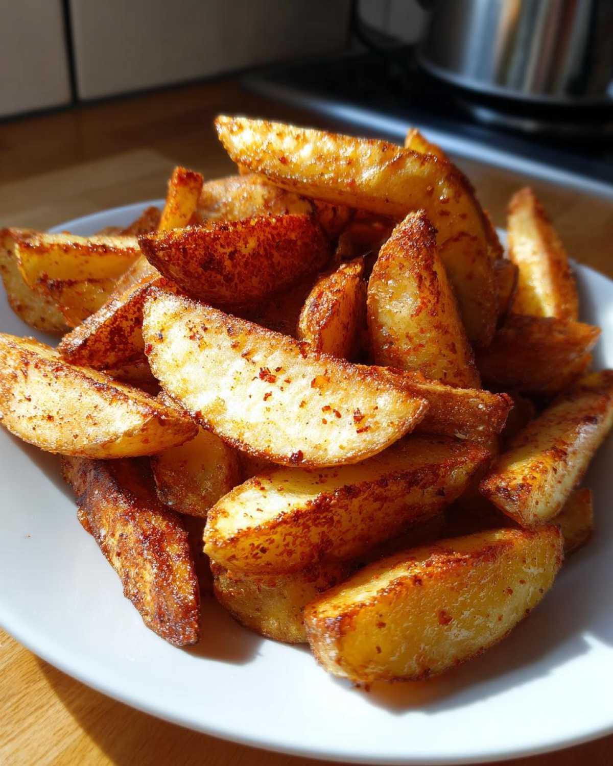 A close-up of perfectly crispy, golden brown air fryer potato wedges seasoned with spices, piled on a white plate.