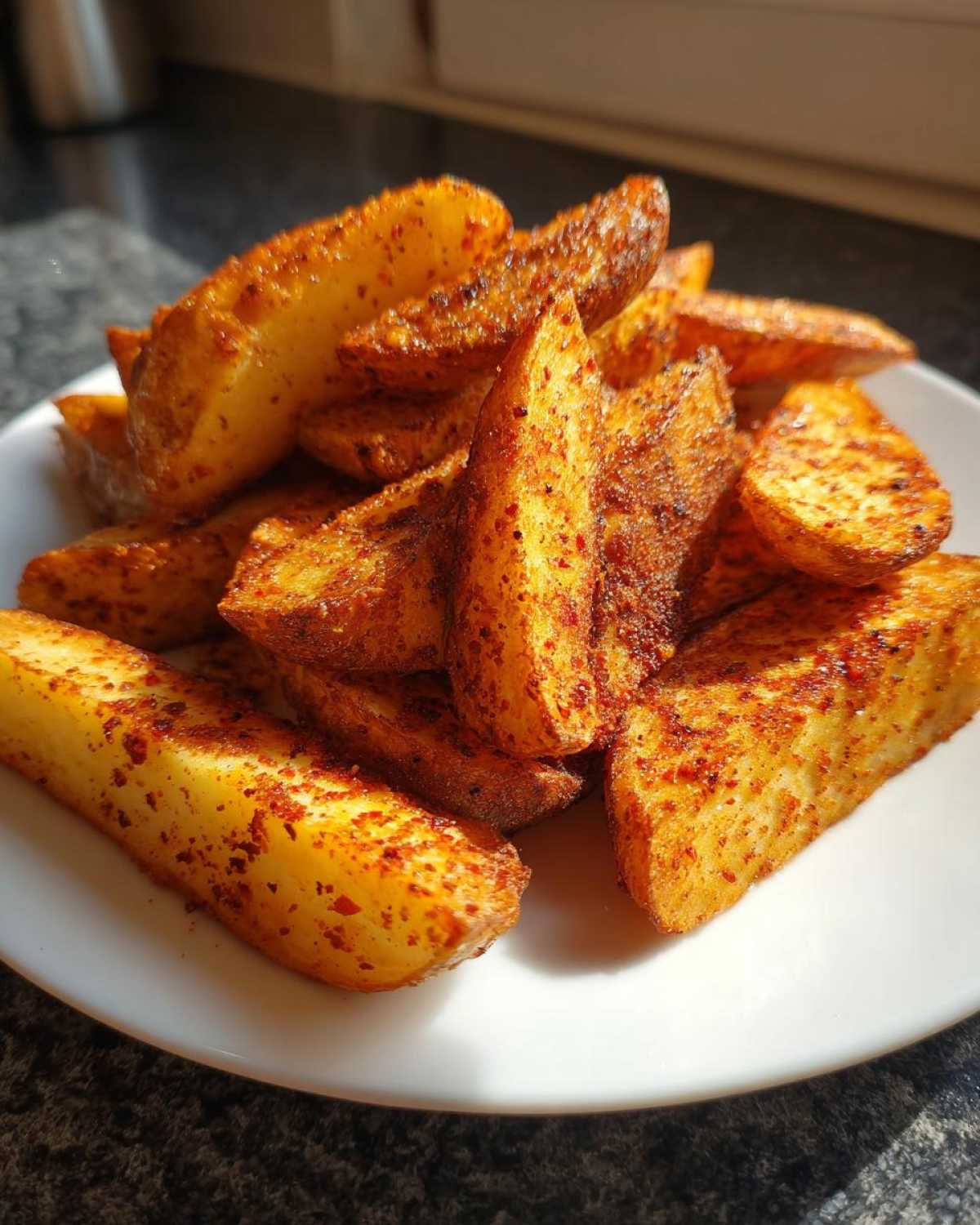 A close-up of perfectly cooked, golden-brown air fryer potato wedges dusted with paprika seasoning on a white plate.