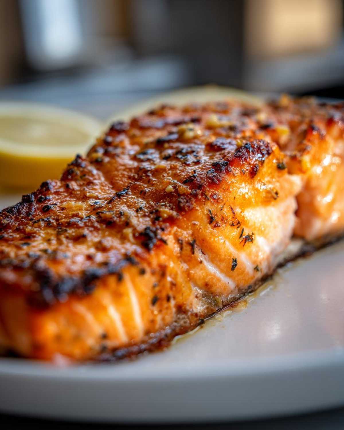 Close-up of a perfectly cooked, crispy-topped air fryer salmon fillet resting on a white plate with a lemon slice visible in the background.